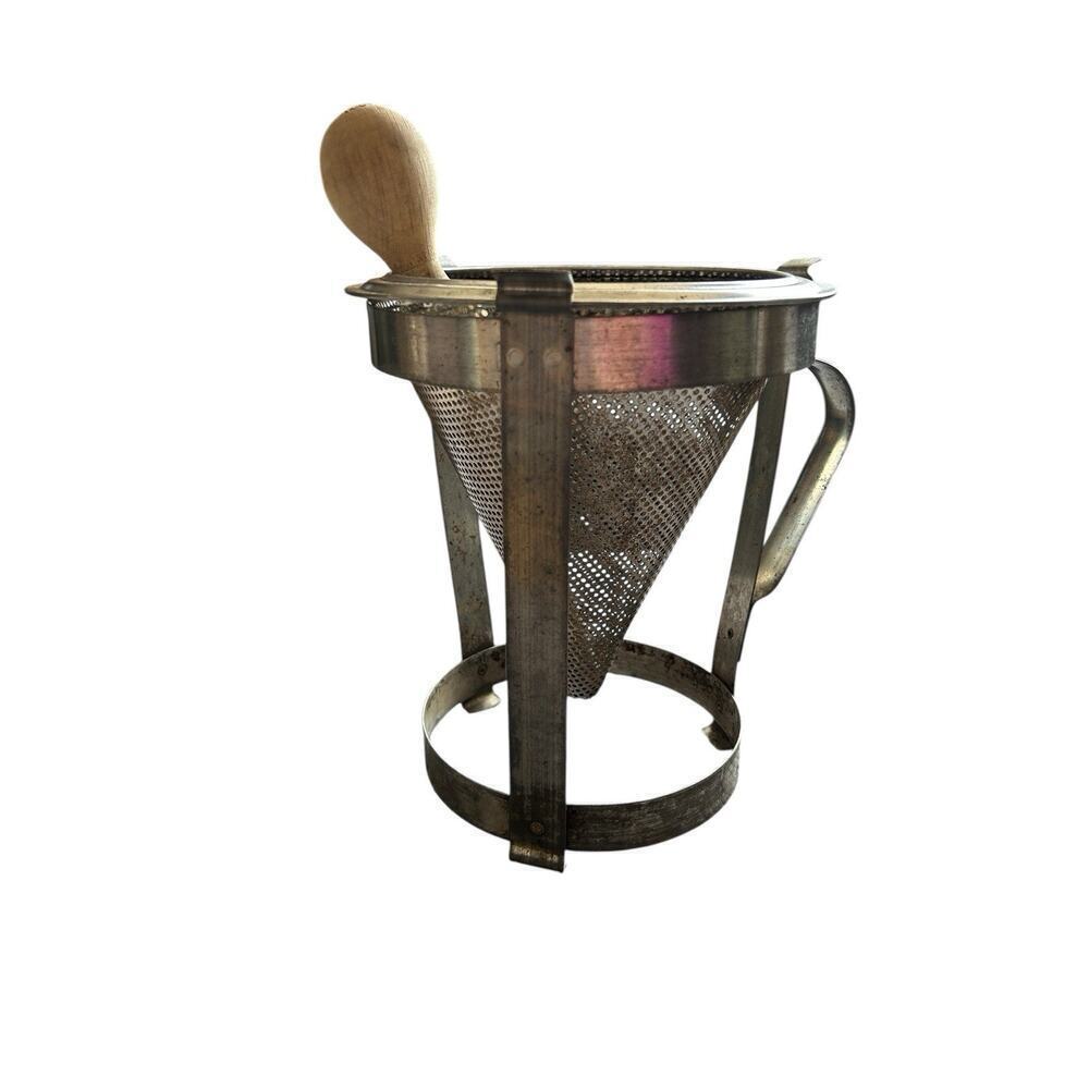 Antique Cone Sieve Food Mill Strainer on Tripod w Wood Pestle Masher some rust